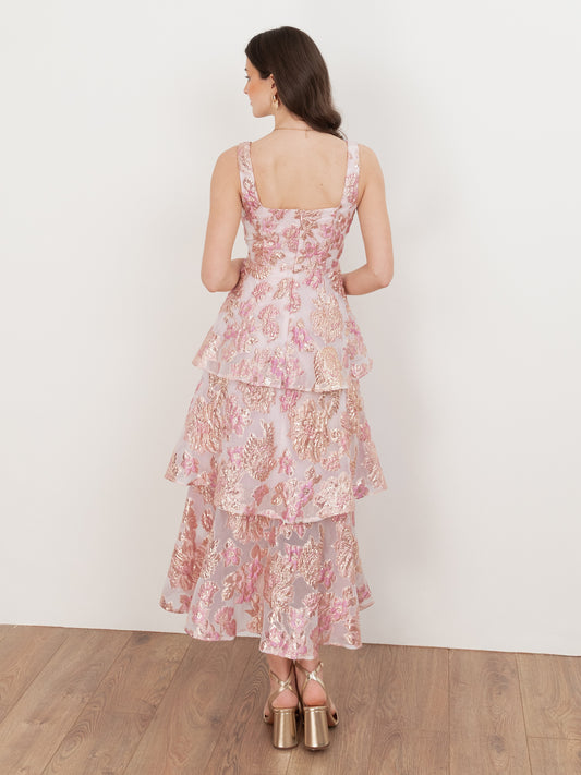 Maya Pink Floral Jacquard Square Neck Tiered Midi Dress