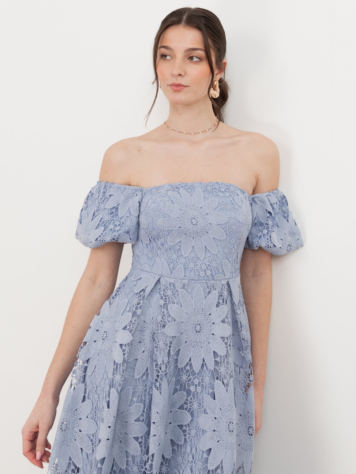 Maya Wisteria Blue Bardot Puff Short Sleeve Lace Midi Dress