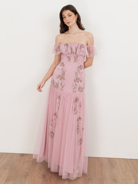 Maya Soft Pink Floral Embellished Bardot Maxi Dress
