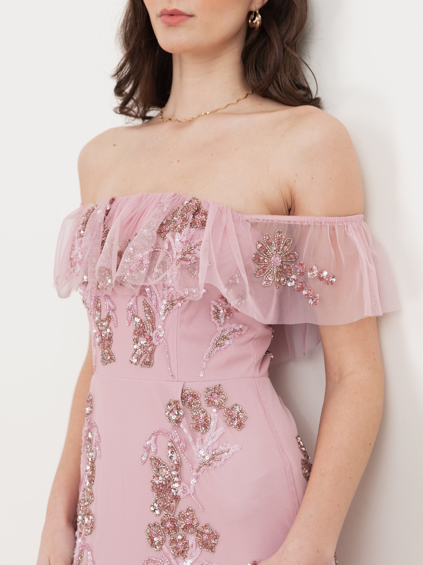 Maya Soft Pink Floral Embellished Bardot Maxi Dress