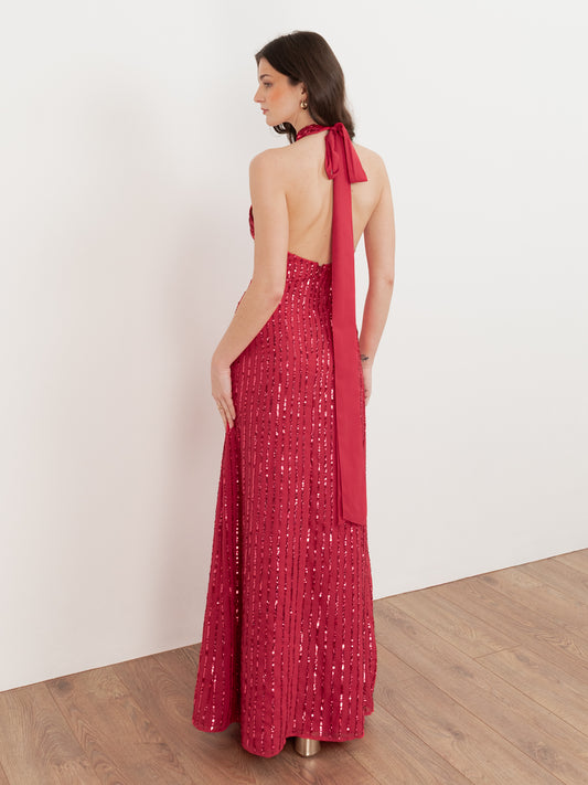 Maya Hot Pink Linear Embellishment Halter Neck Maxi Dress