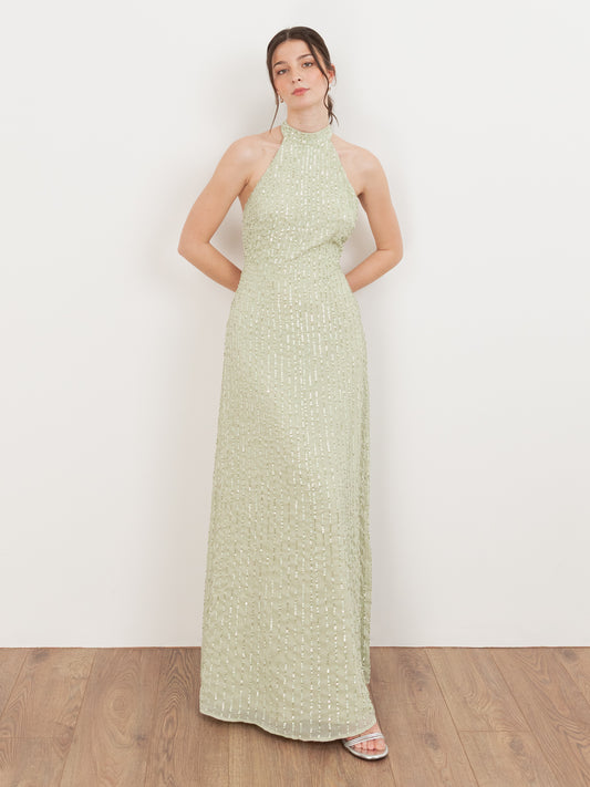 Maya Meadow Green Linear Embellishment Halter Neck Maxi Dress