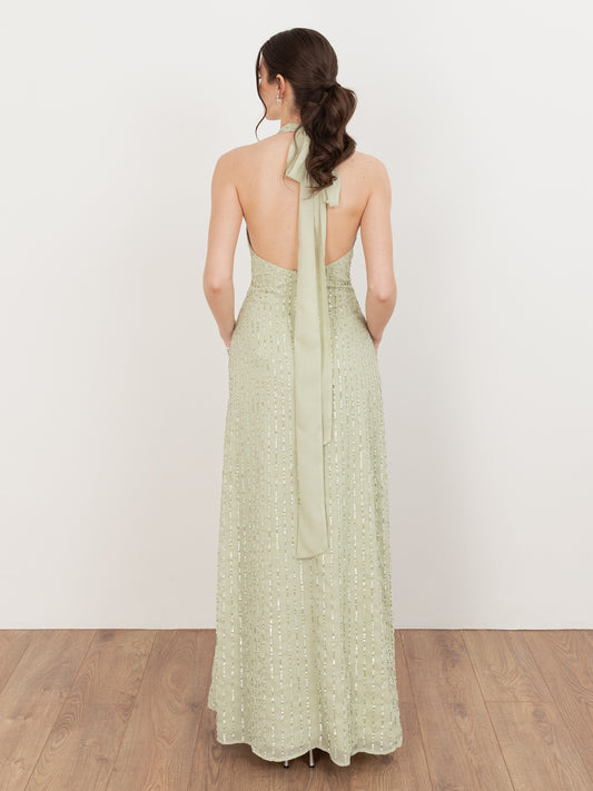 Maya Meadow Green Linear Embellishment Halter Neck Maxi Dress