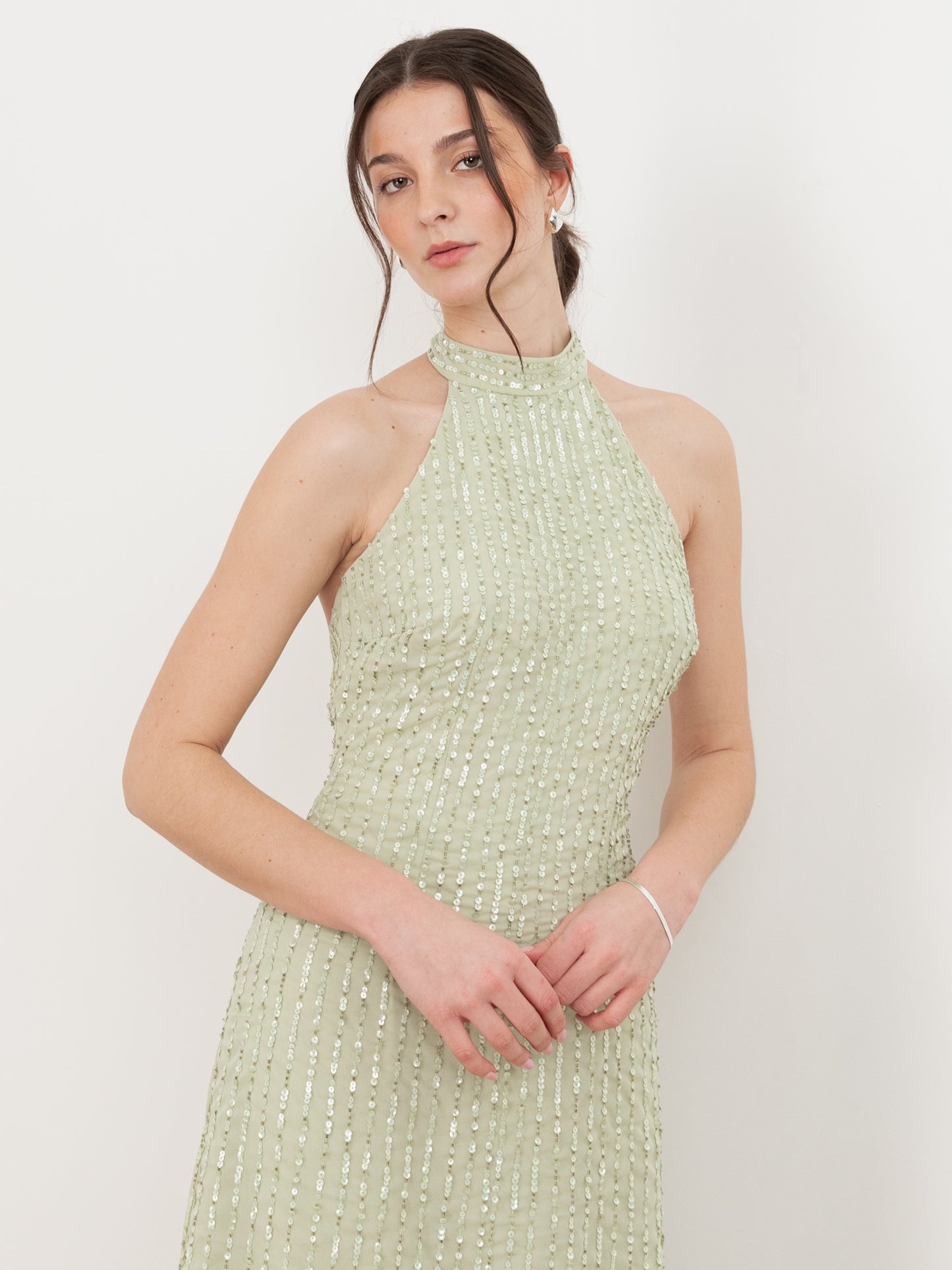 Maya Meadow Green Linear Embellishment Halter Neck Maxi Dress