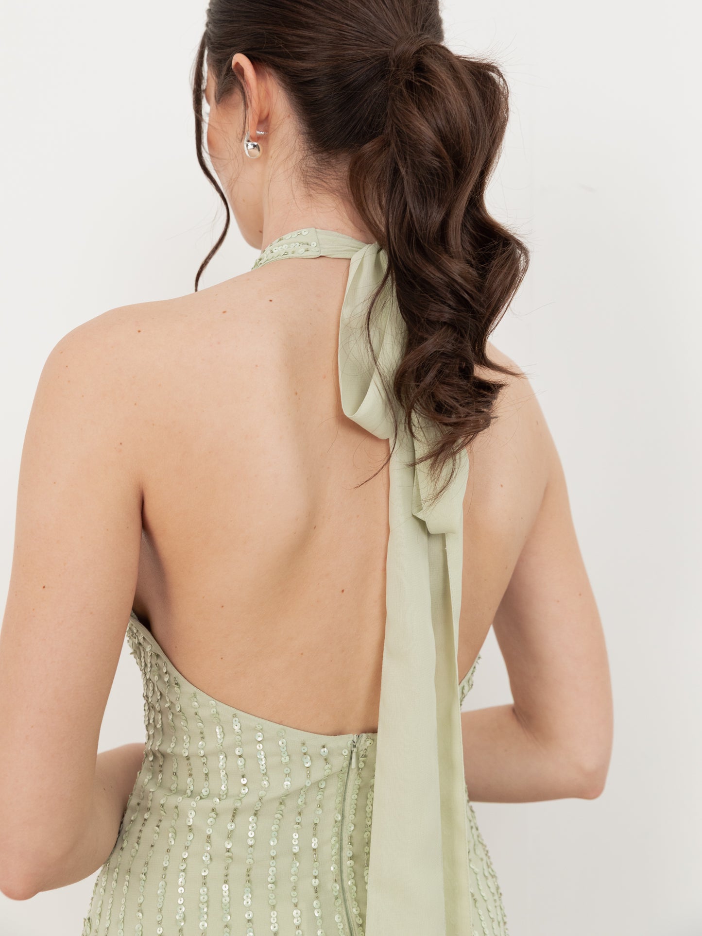 Maya Meadow Green Linear Embellishment Halter Neck Maxi Dress
