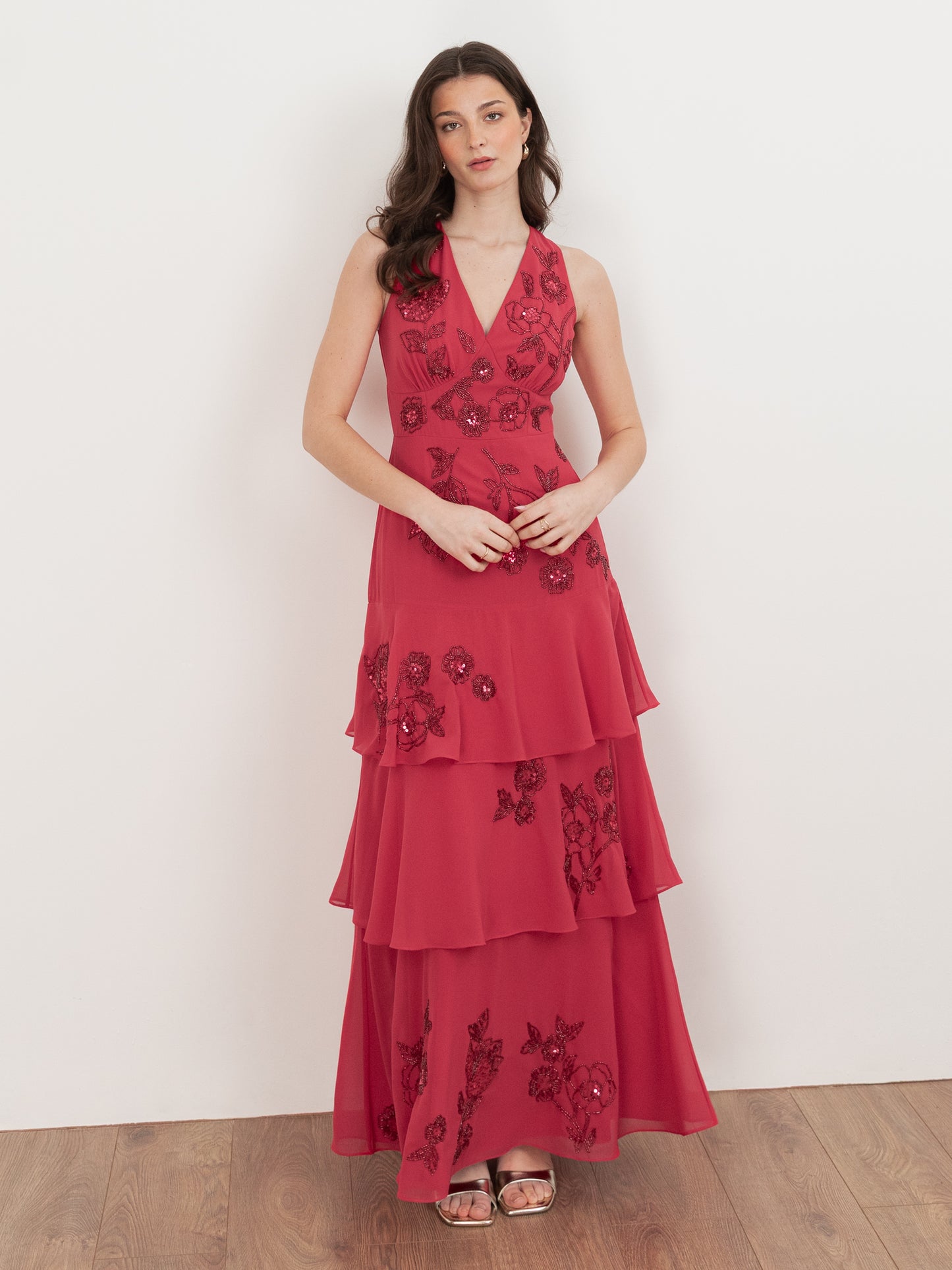 Maya Hot Pink Floral Embellished Tiered Maxi Dress with Tie Back