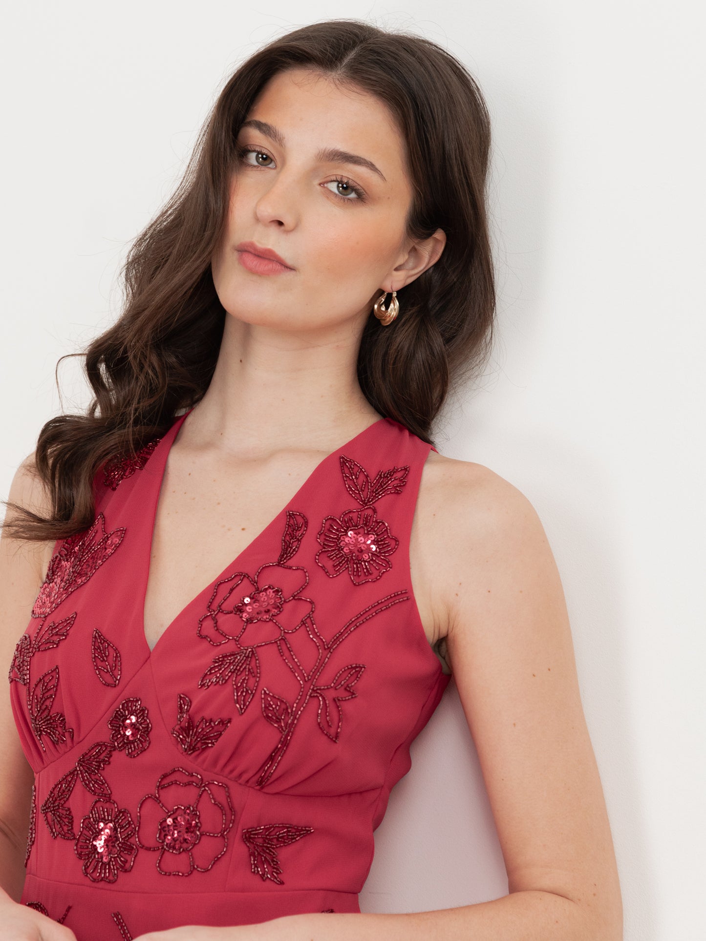 Maya Hot Pink Floral Embellished Tiered Maxi Dress with Tie Back