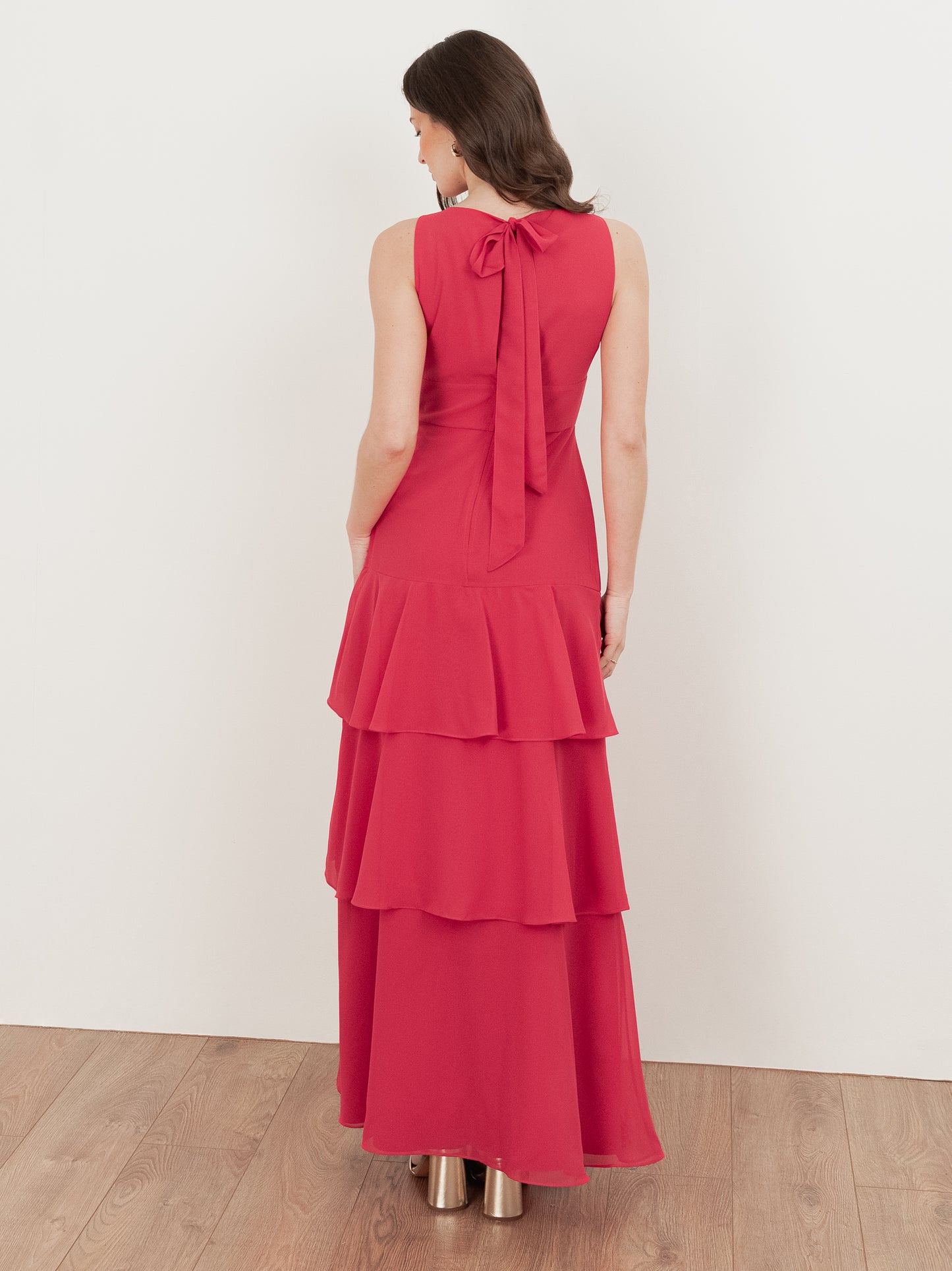 Maya Hot Pink Floral Embellished Tiered Maxi Dress with Tie Back