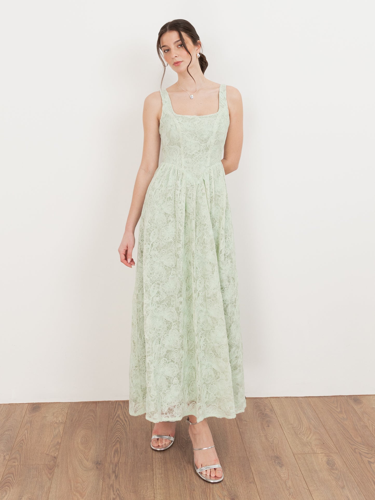 Maya Mint Embossed Floral Lace Drop Waist Midaxi Dress