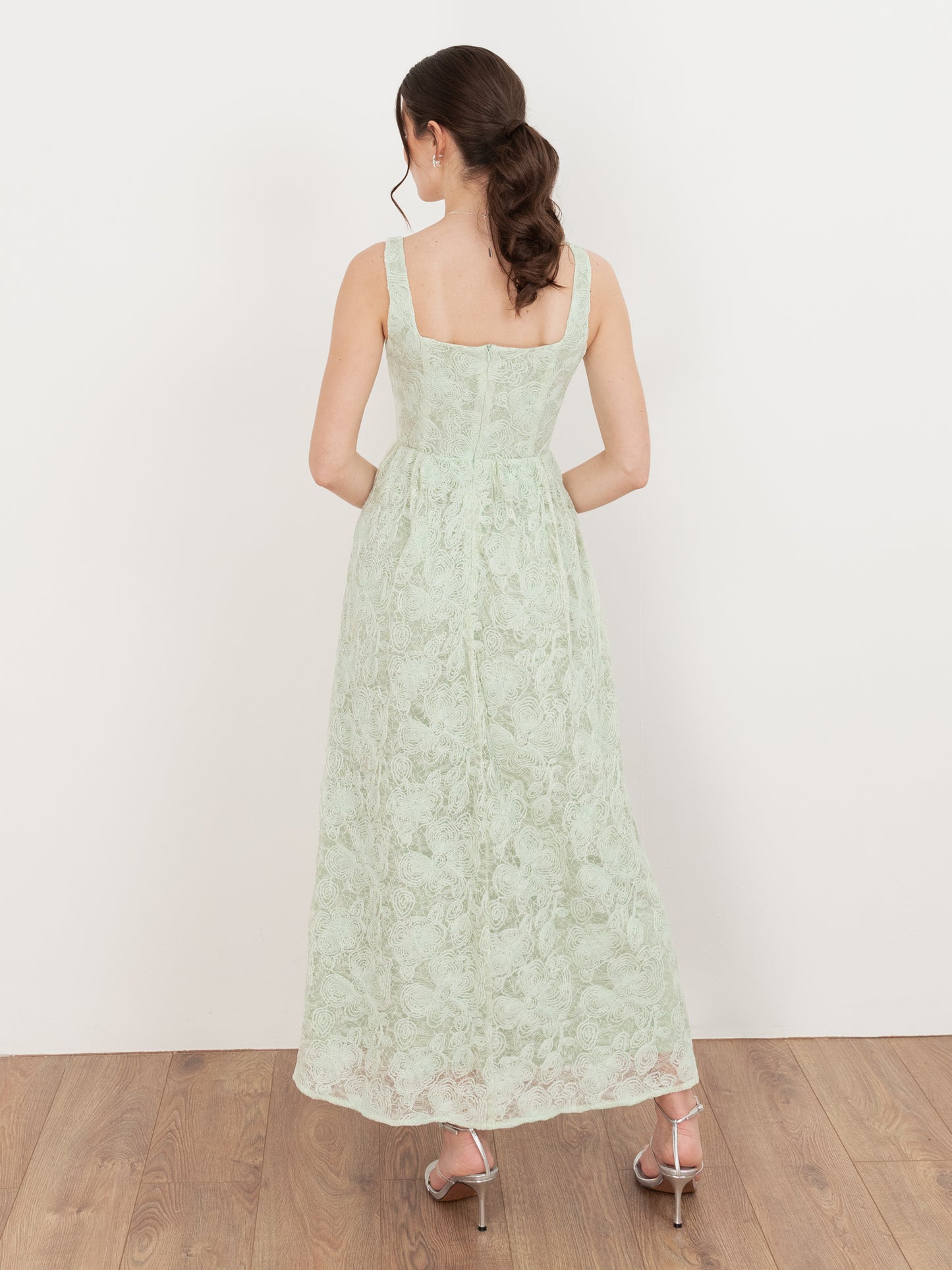 Maya Mint Embossed Floral Lace Drop Waist Midaxi Dress