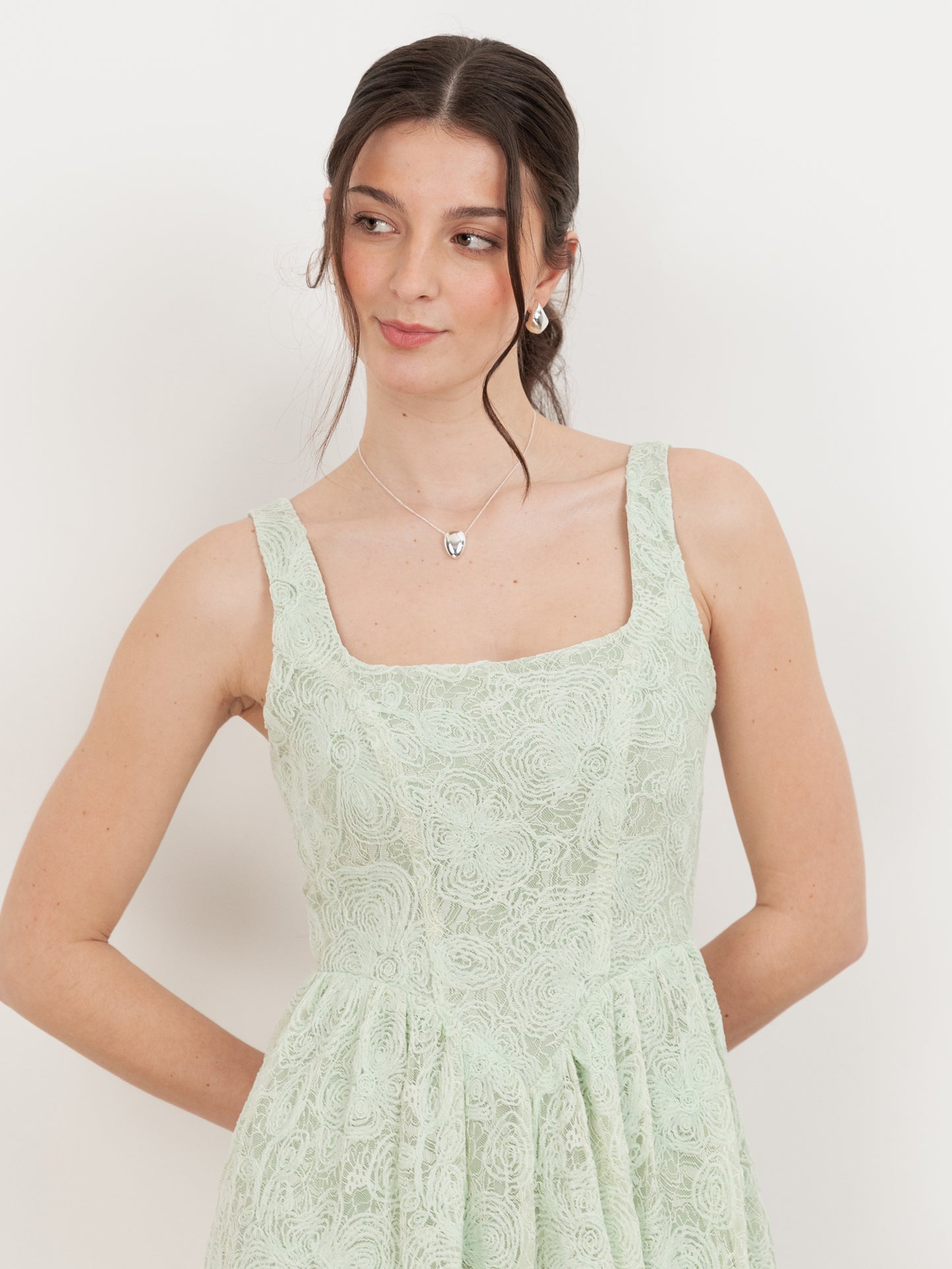 Maya Mint Embossed Floral Lace Drop Waist Midaxi Dress