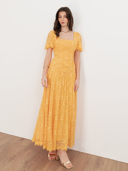 Maya Sunflower Yellow Square Neck Angel Sleeve Lace Midaxi Dress