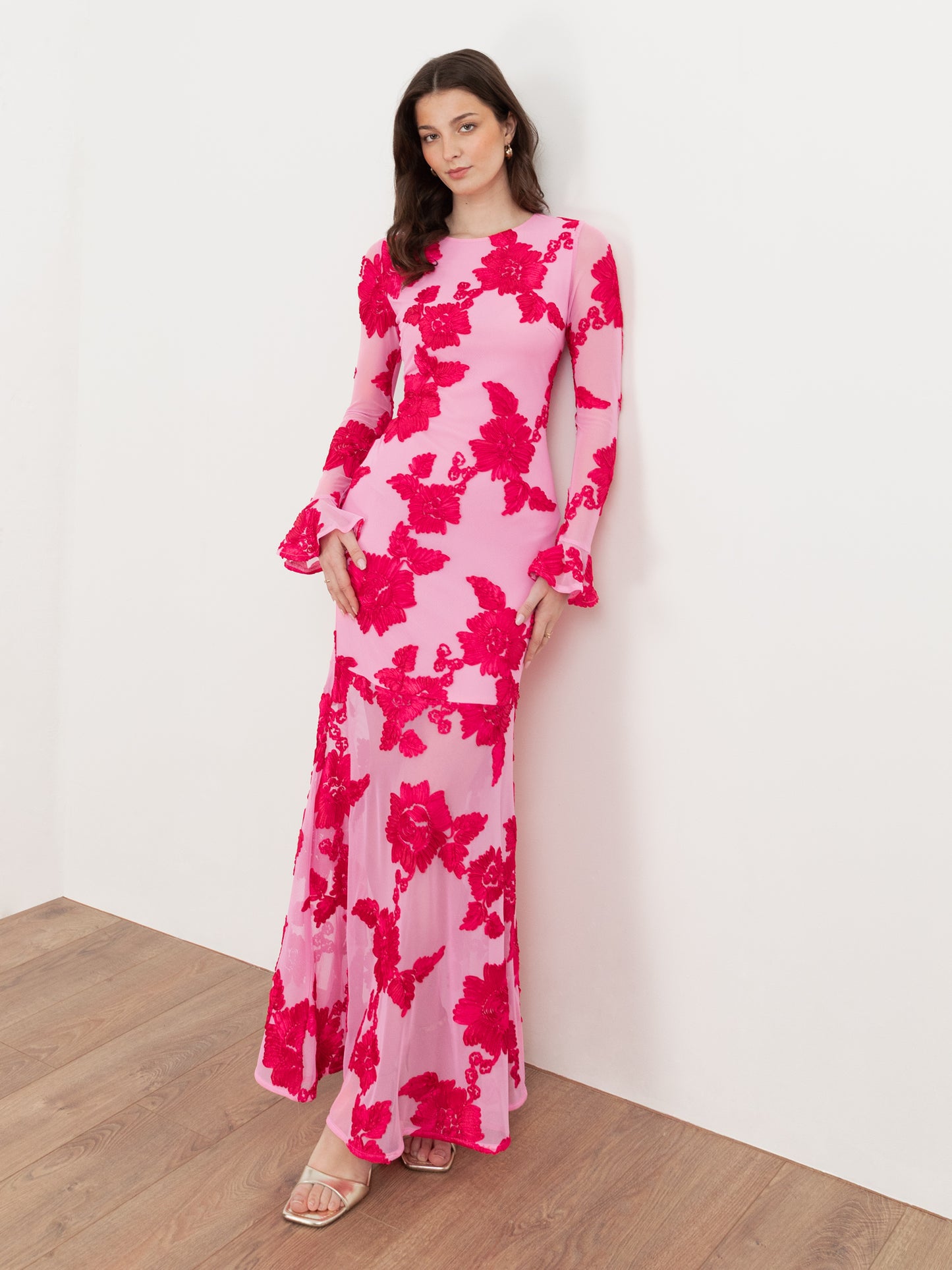 Maya Hot Pink 3D Floral Applique Long Sleeve Mesh Maxi Dress