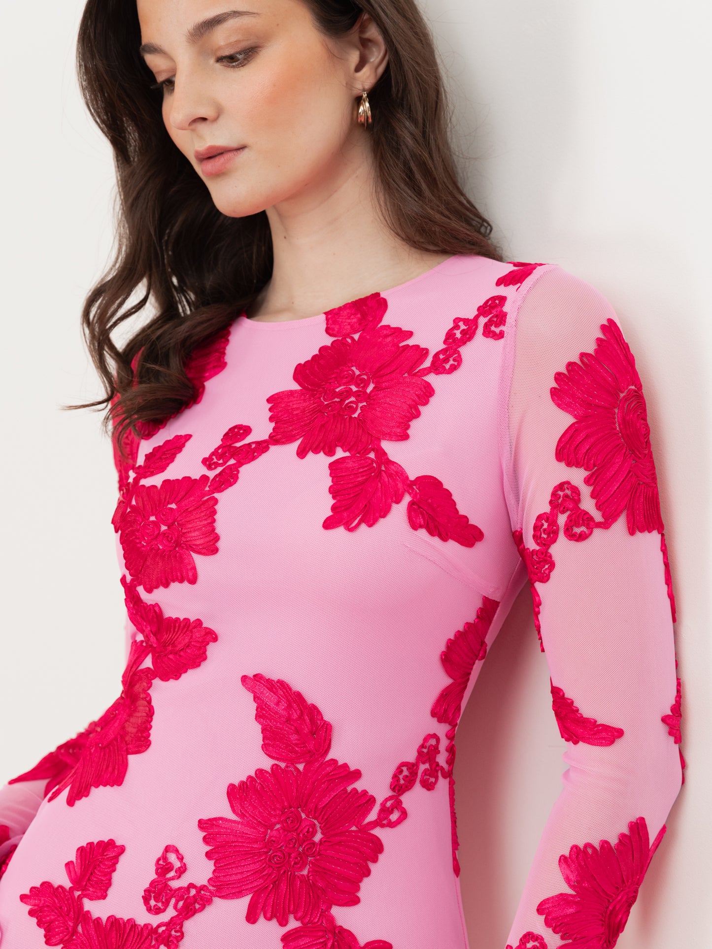 Maya Hot Pink 3D Floral Applique Long Sleeve Mesh Maxi Dress