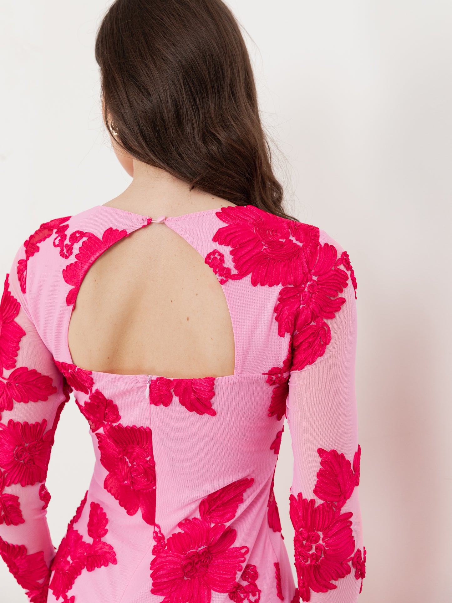 Maya Hot Pink 3D Floral Applique Long Sleeve Mesh Maxi Dress