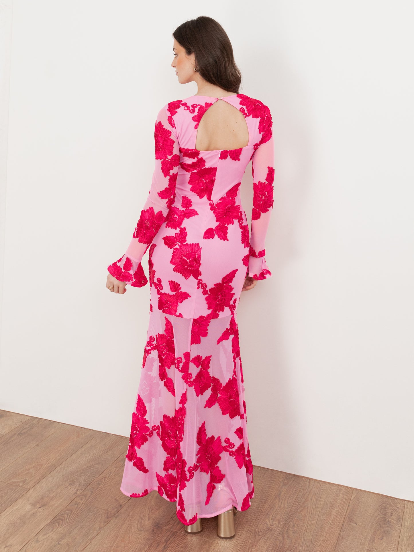 Maya Hot Pink 3D Floral Applique Long Sleeve Mesh Maxi Dress
