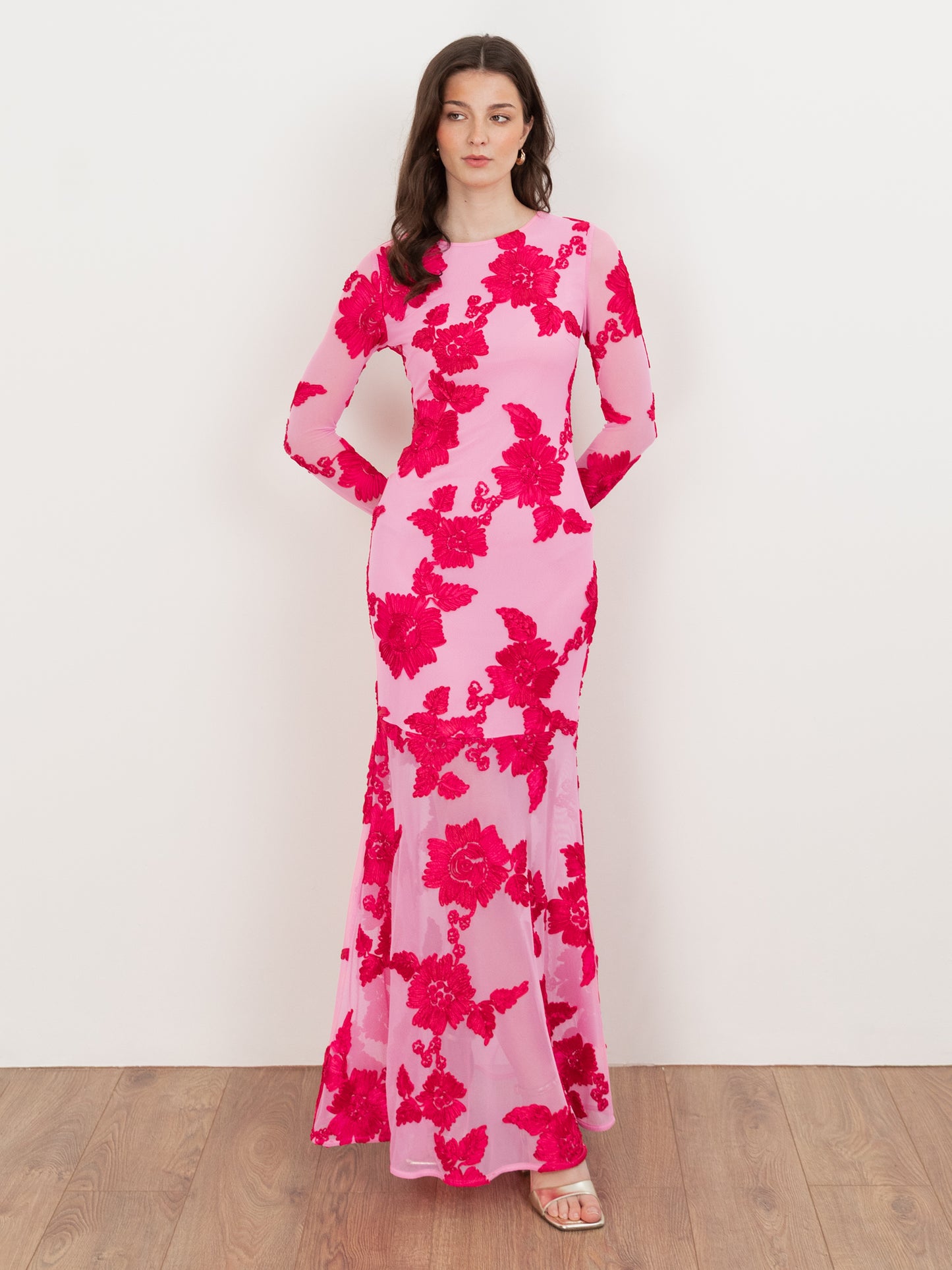 Maya Hot Pink 3D Floral Applique Long Sleeve Mesh Maxi Dress