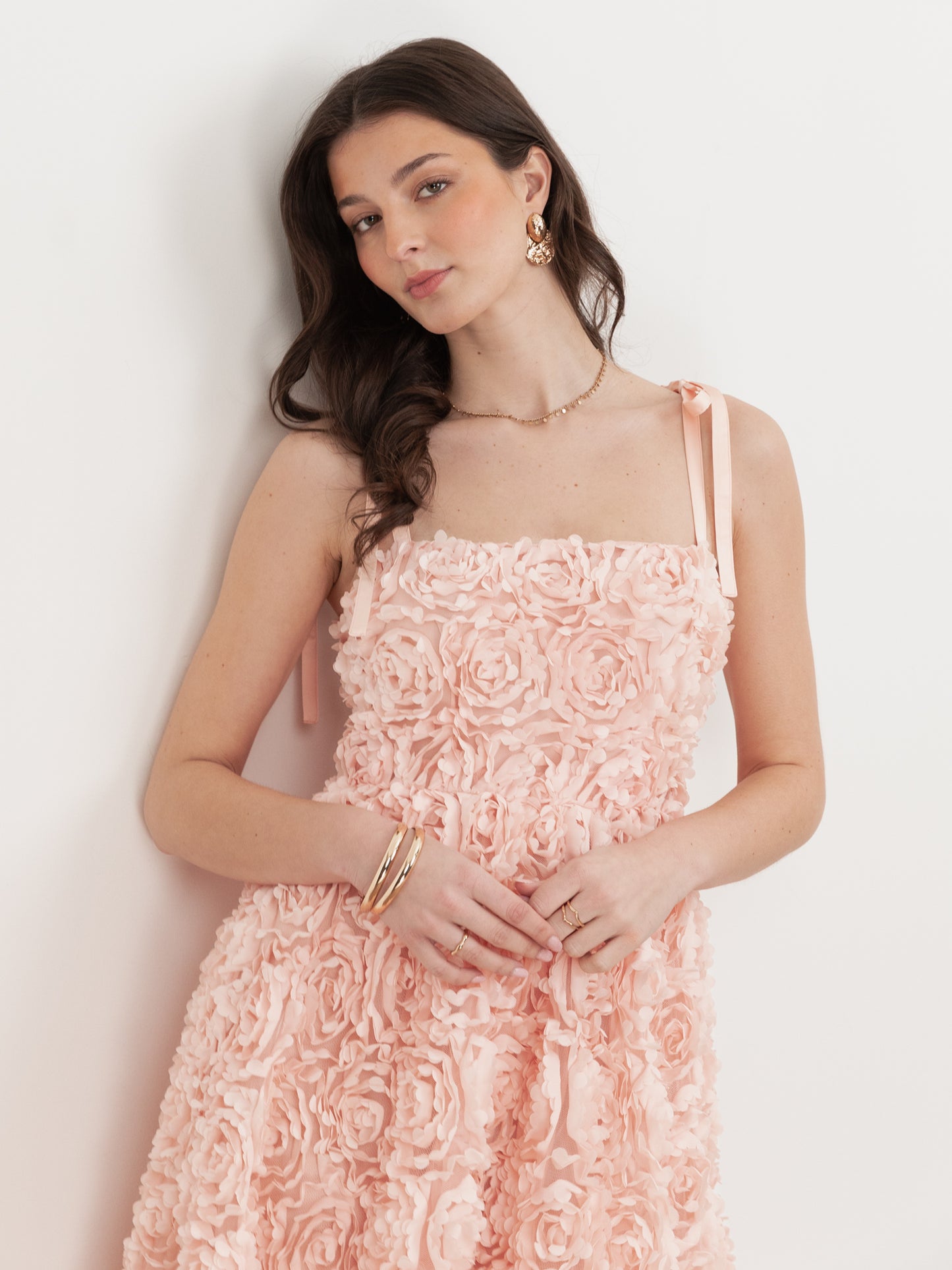 Maya Peach 3D Floral Cami Midi Dress