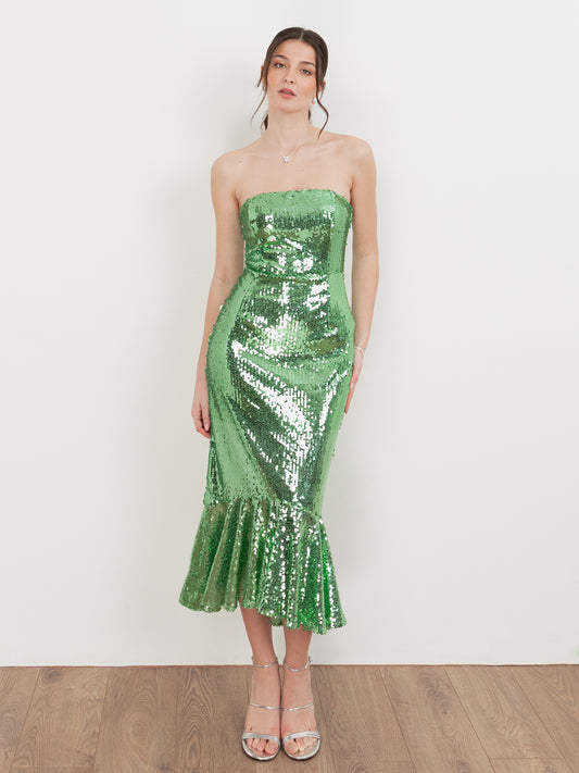 Maya Fully Embellished Green Bandeau Midi Dress