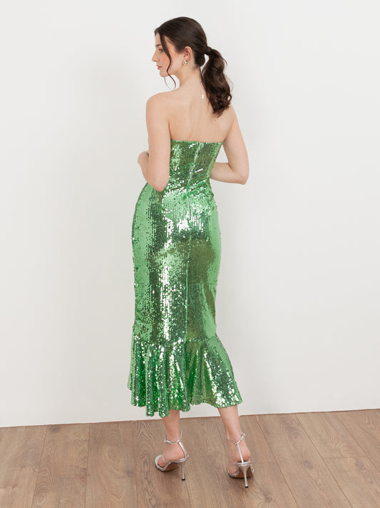 Maya Fully Embellished Green Bandeau Midi Dress