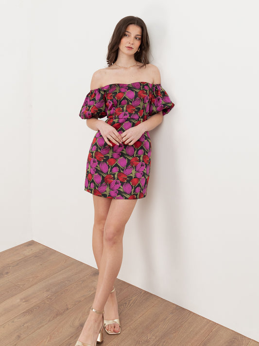 Maya Floral Jacquard Short Sleeve Bardot Mini Dress