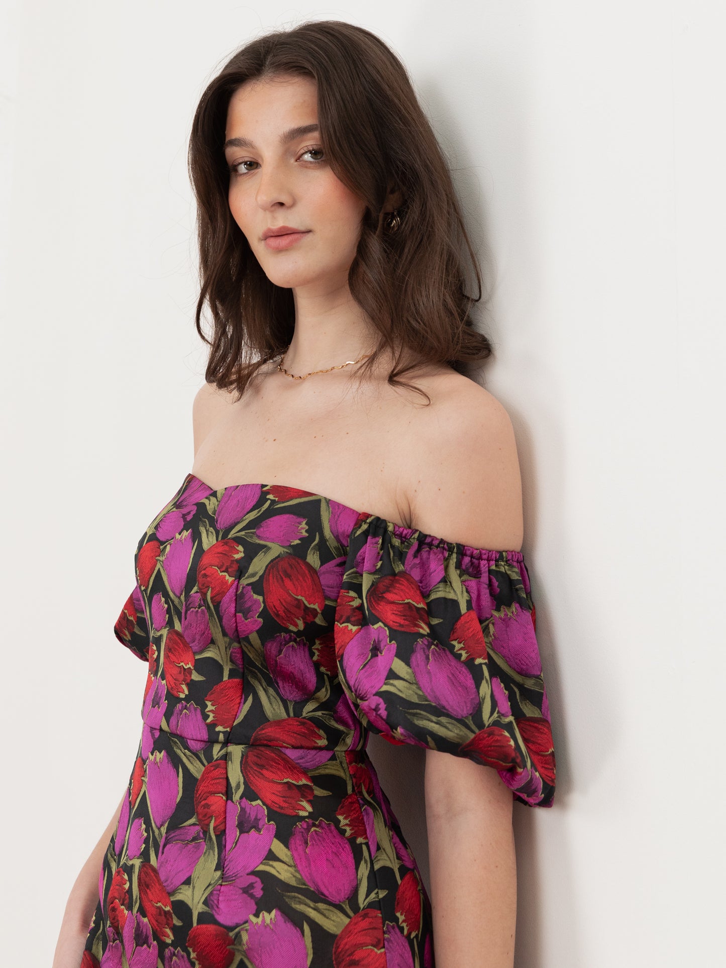 Maya Floral Jacquard Short Sleeve Bardot Mini Dress