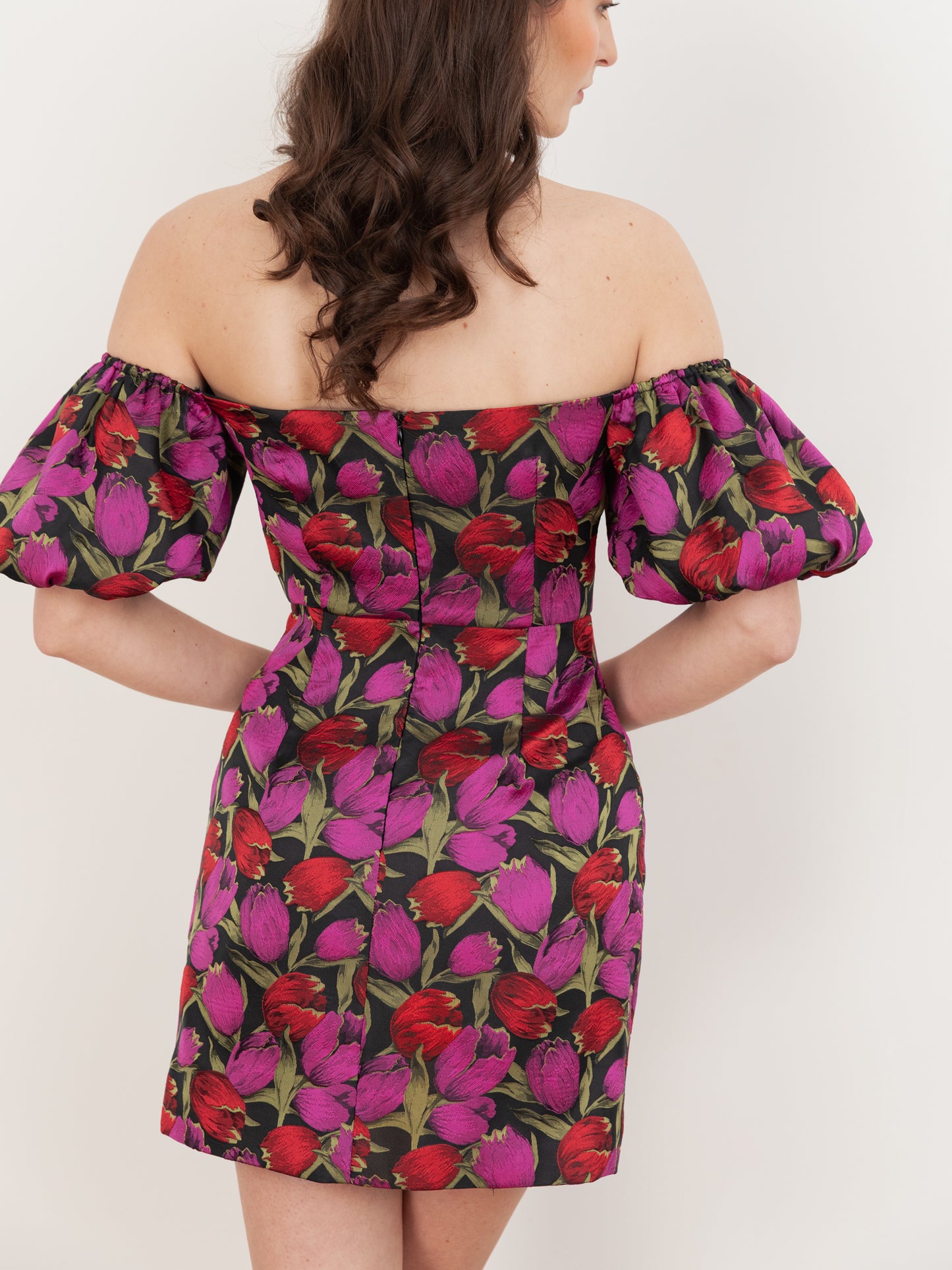 Maya Floral Jacquard Short Sleeve Bardot Mini Dress