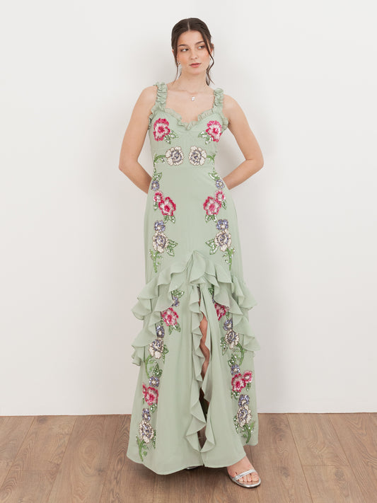 Maya Sage Green Floral Embellished Ruffle Cami Maxi Dress