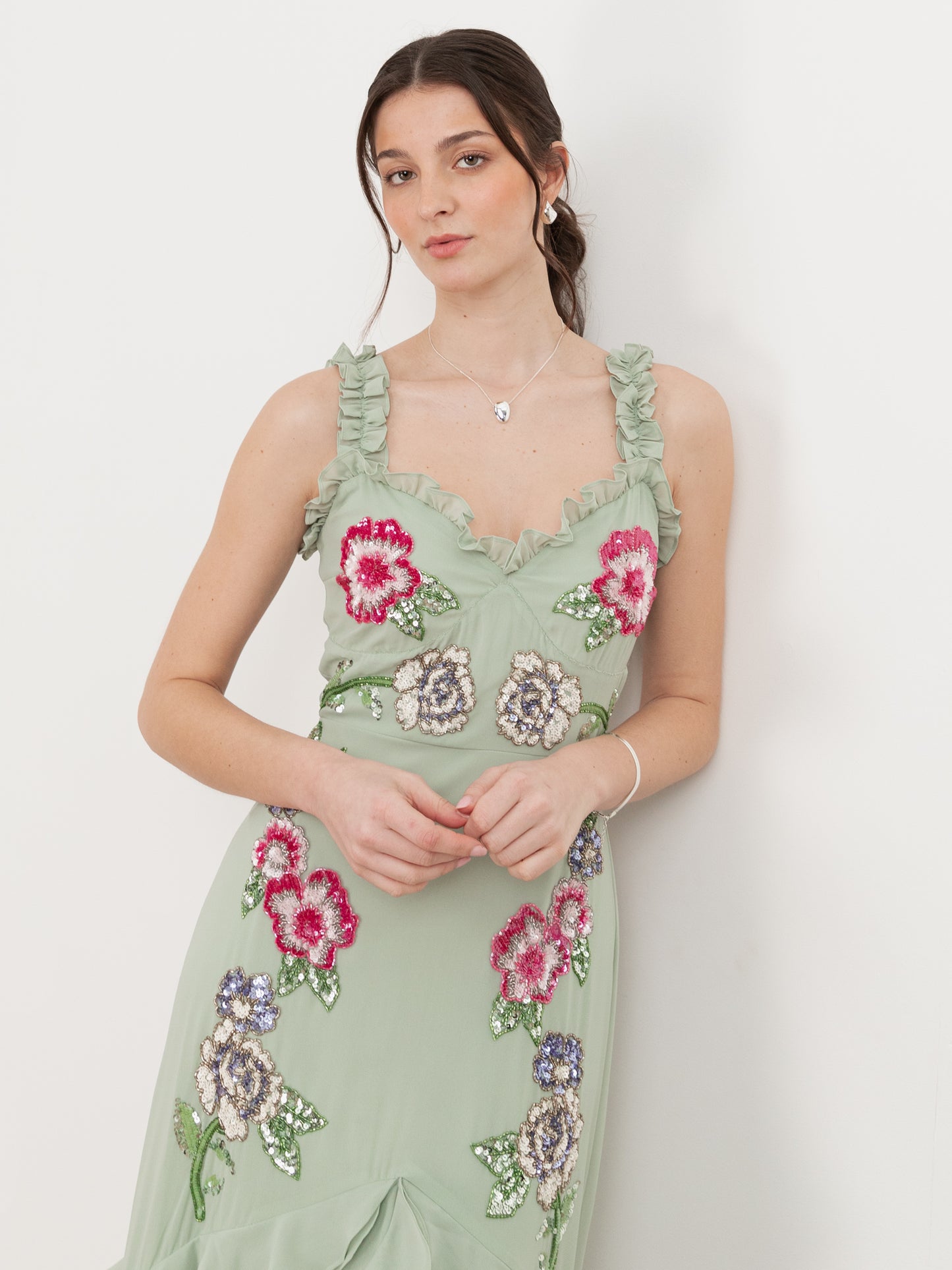 Maya Sage Green Floral Embellished Ruffle Cami Maxi Dress
