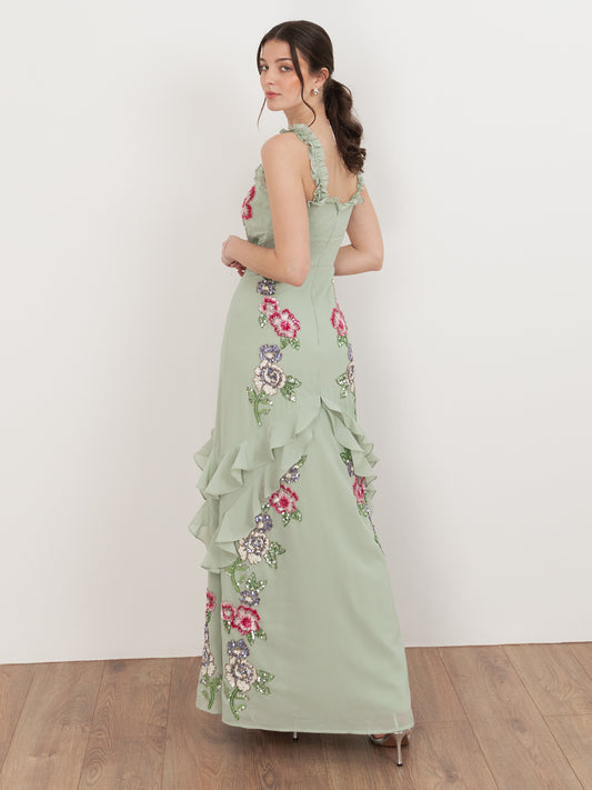 Maya Sage Green Floral Embellished Ruffle Cami Maxi Dress