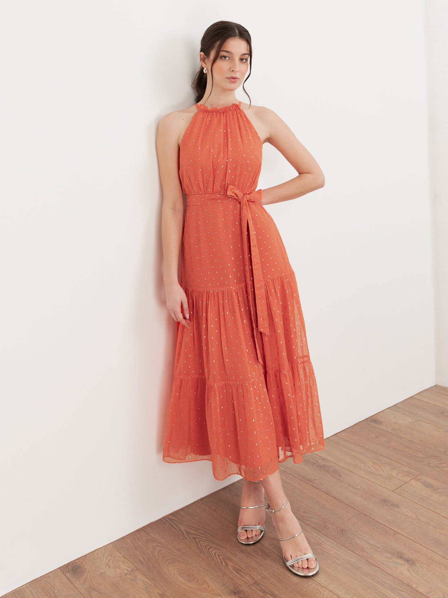 Anaya With Love Recycled Coral Halter Neck Tiered Midi Dress