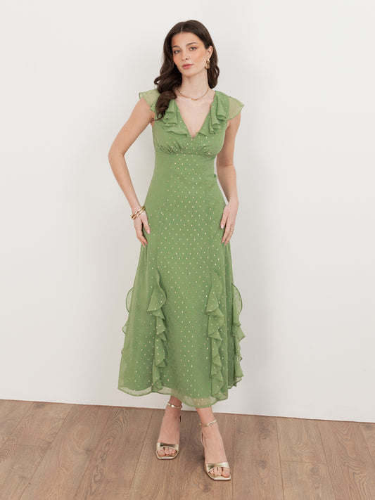 Anaya With Love Recycled Green Tea V Neck Ruffle Midaxi Dress