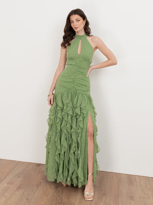 Anaya With Love Recycled Green Tea Halter Neck Waterfall Ruffle Maxi Dress