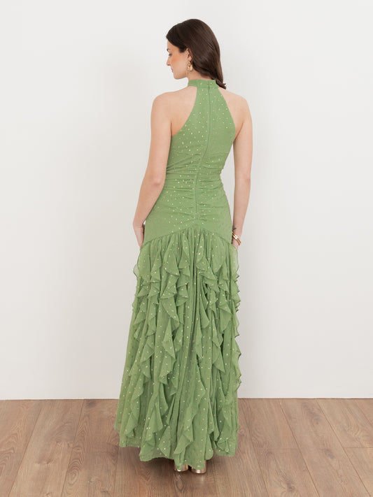Anaya With Love Recycled Green Tea Halter Neck Waterfall Ruffle Maxi Dress