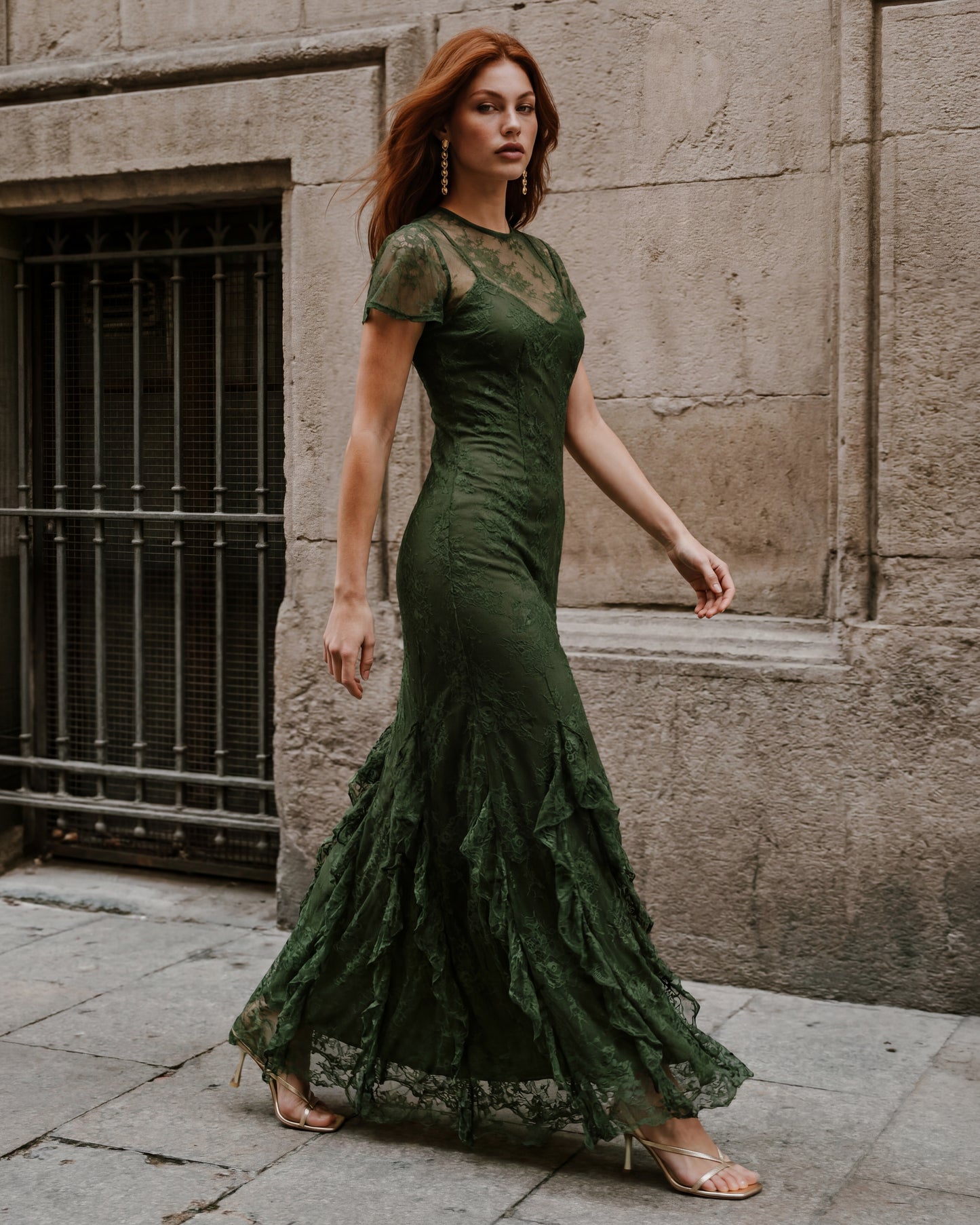Maya Forest Green Flutter Sleeve Lace Maxi Dress with Ruffle Detail