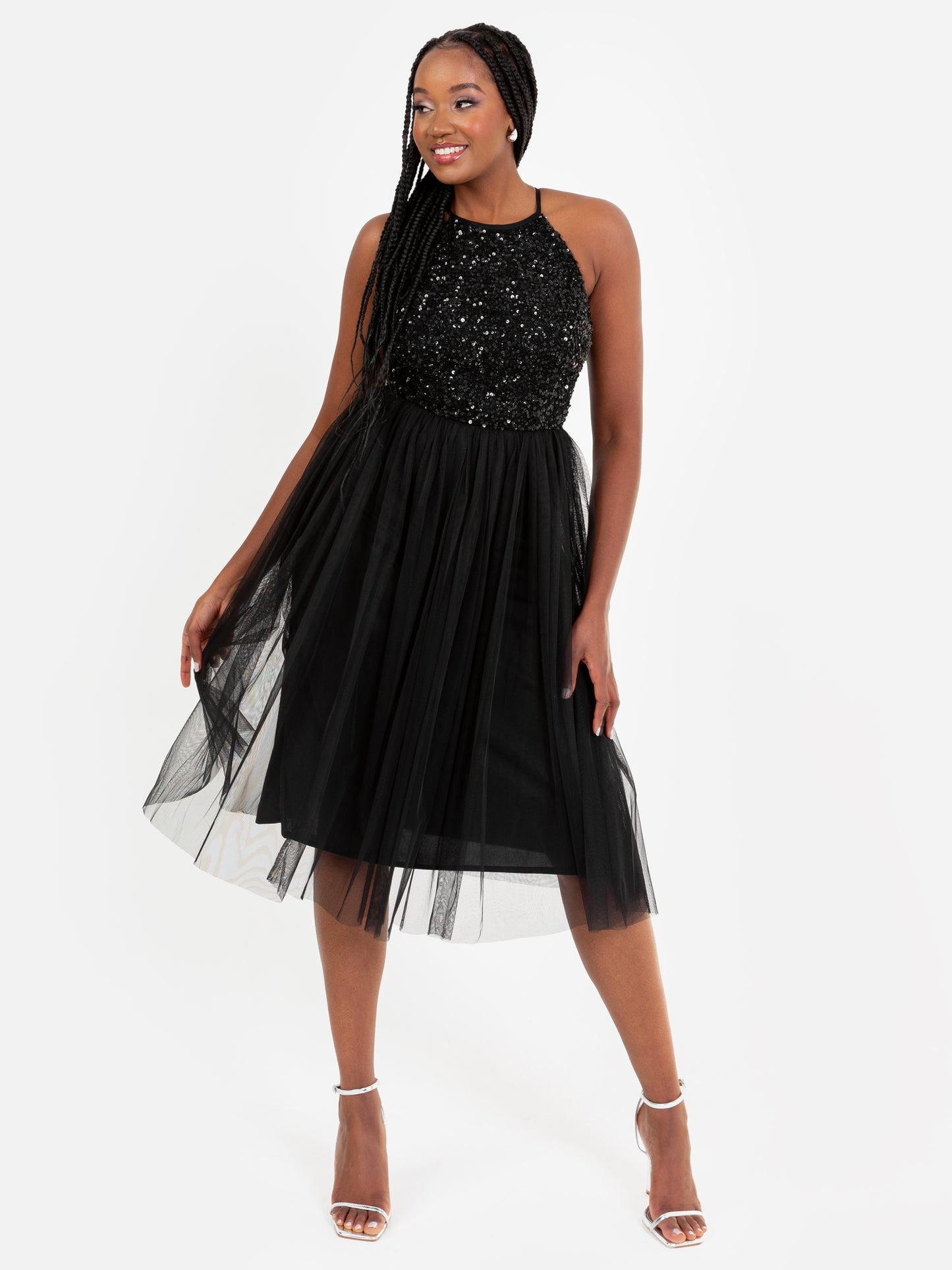 Maya Black Embellished Halter Neck Midi Dress