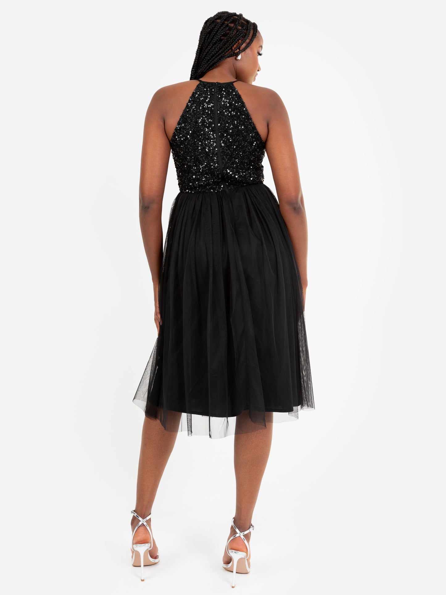 Maya Black Embellished Halter Neck Midi Dress