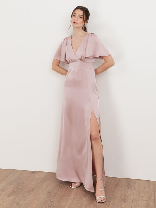 Maya Blush V Neck Angel Sleeve Satin Maxi Dress
