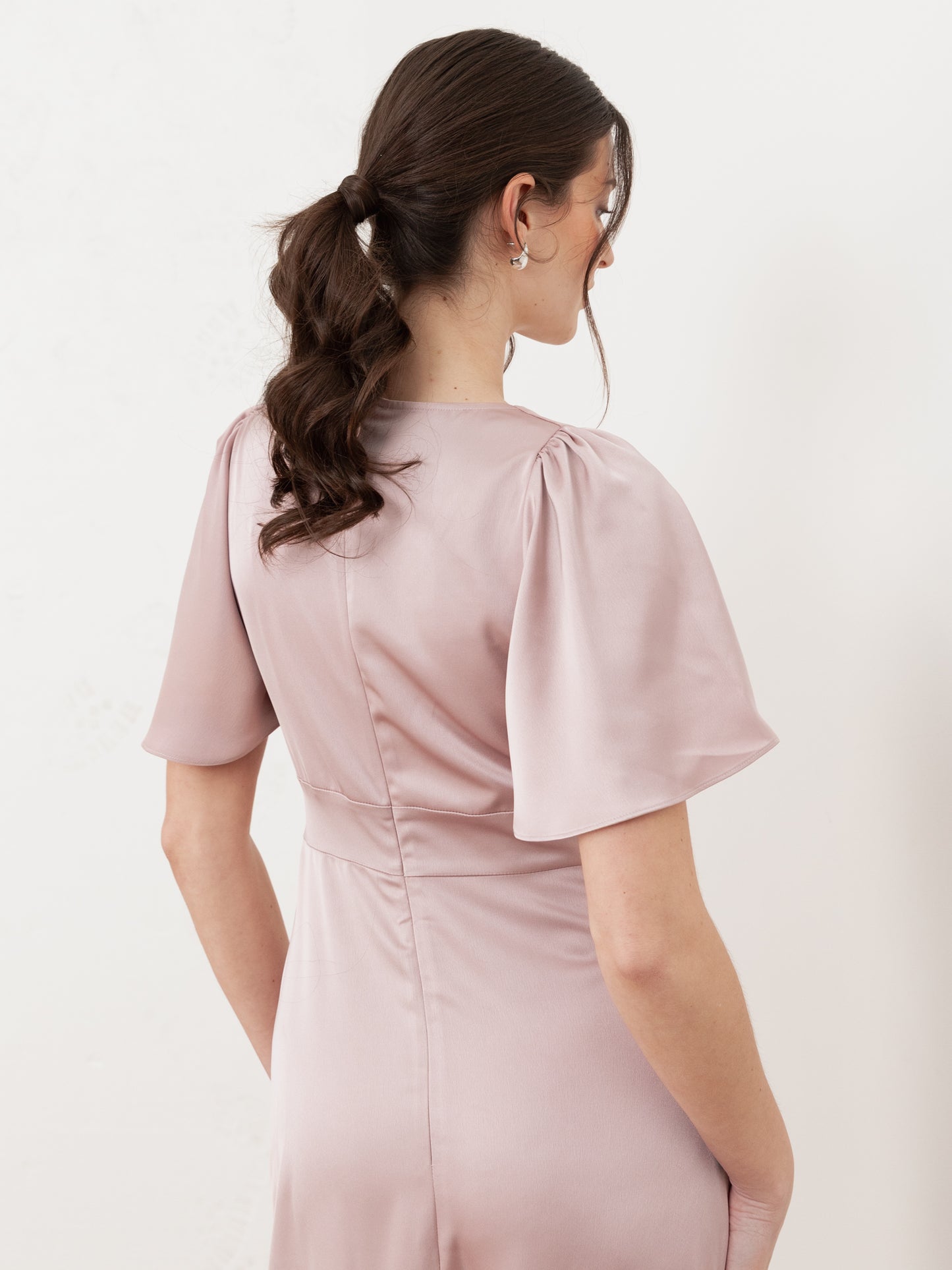 Maya Blush V Neck Angel Sleeve Satin Maxi Dress