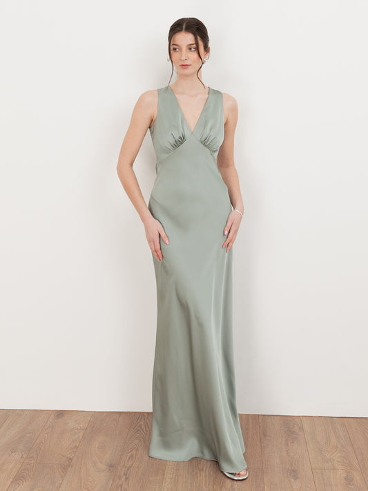 Maya Sage Green Sleeveless V Neck Satin Maxi Dress