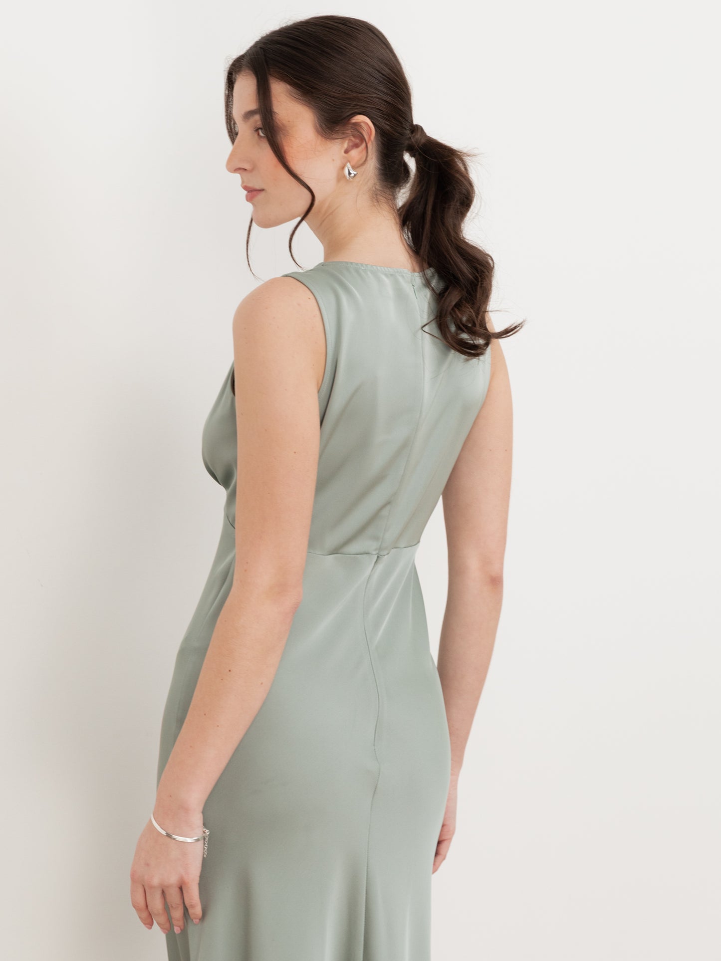 Maya Sage Green Sleeveless V Neck Satin Maxi Dress
