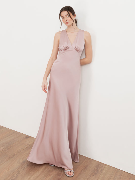 Maya Soft Pink Sleeveless V Neck Satin Maxi Dress