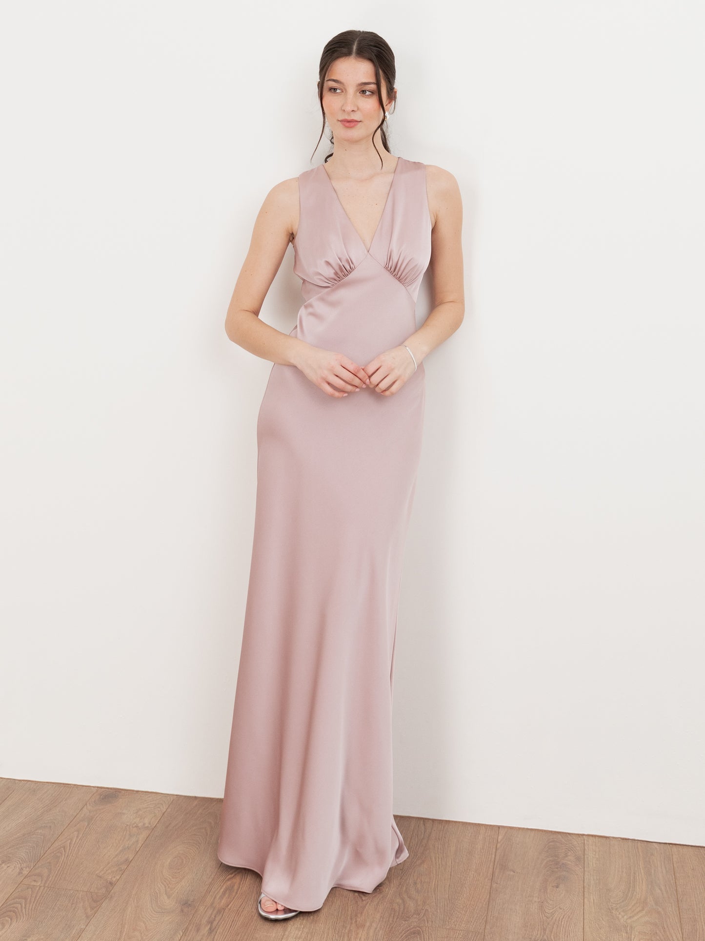 Maya Soft Pink Sleeveless V Neck Satin Maxi Dress