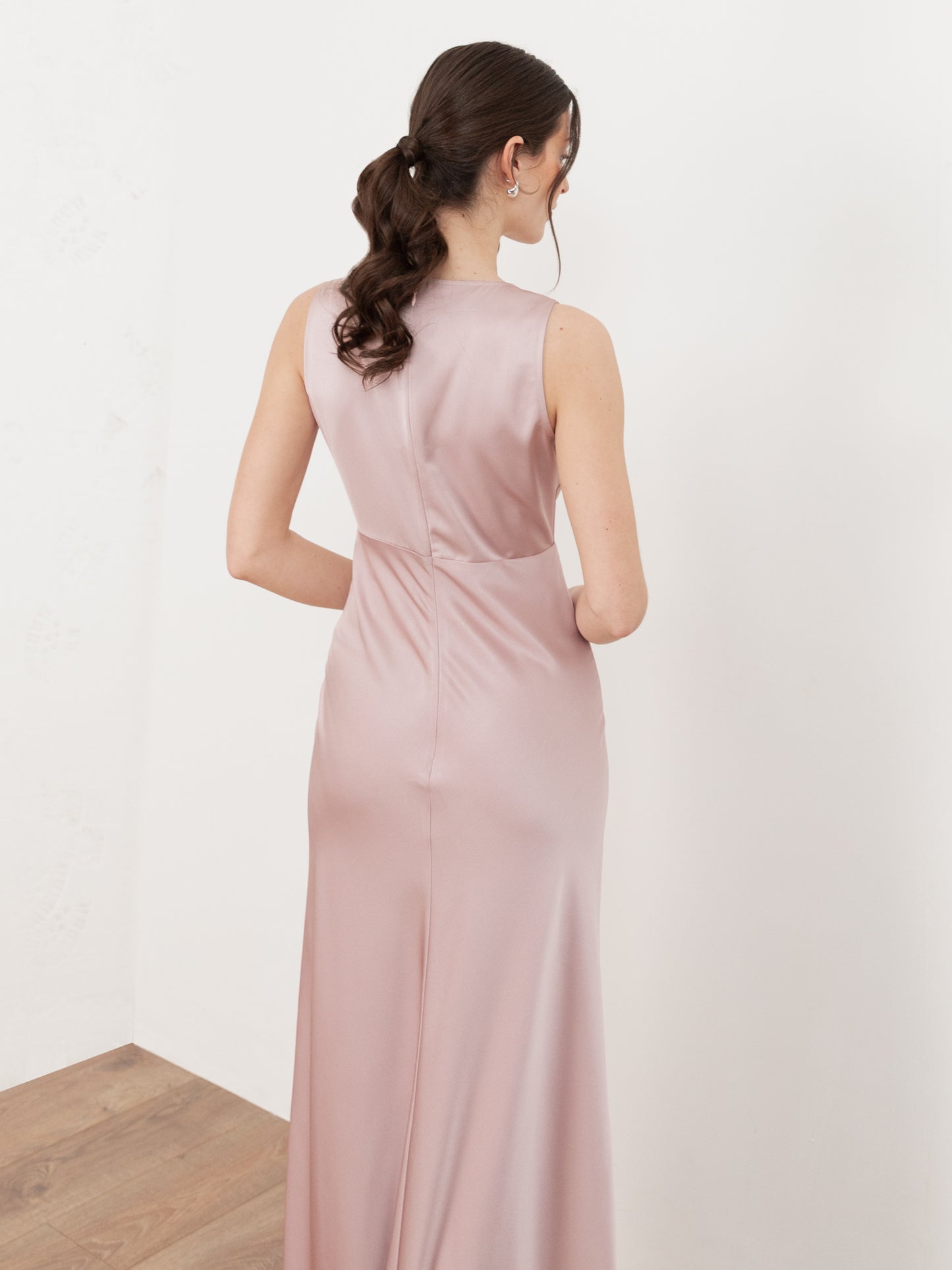 Maya Soft Pink Sleeveless V Neck Satin Maxi Dress