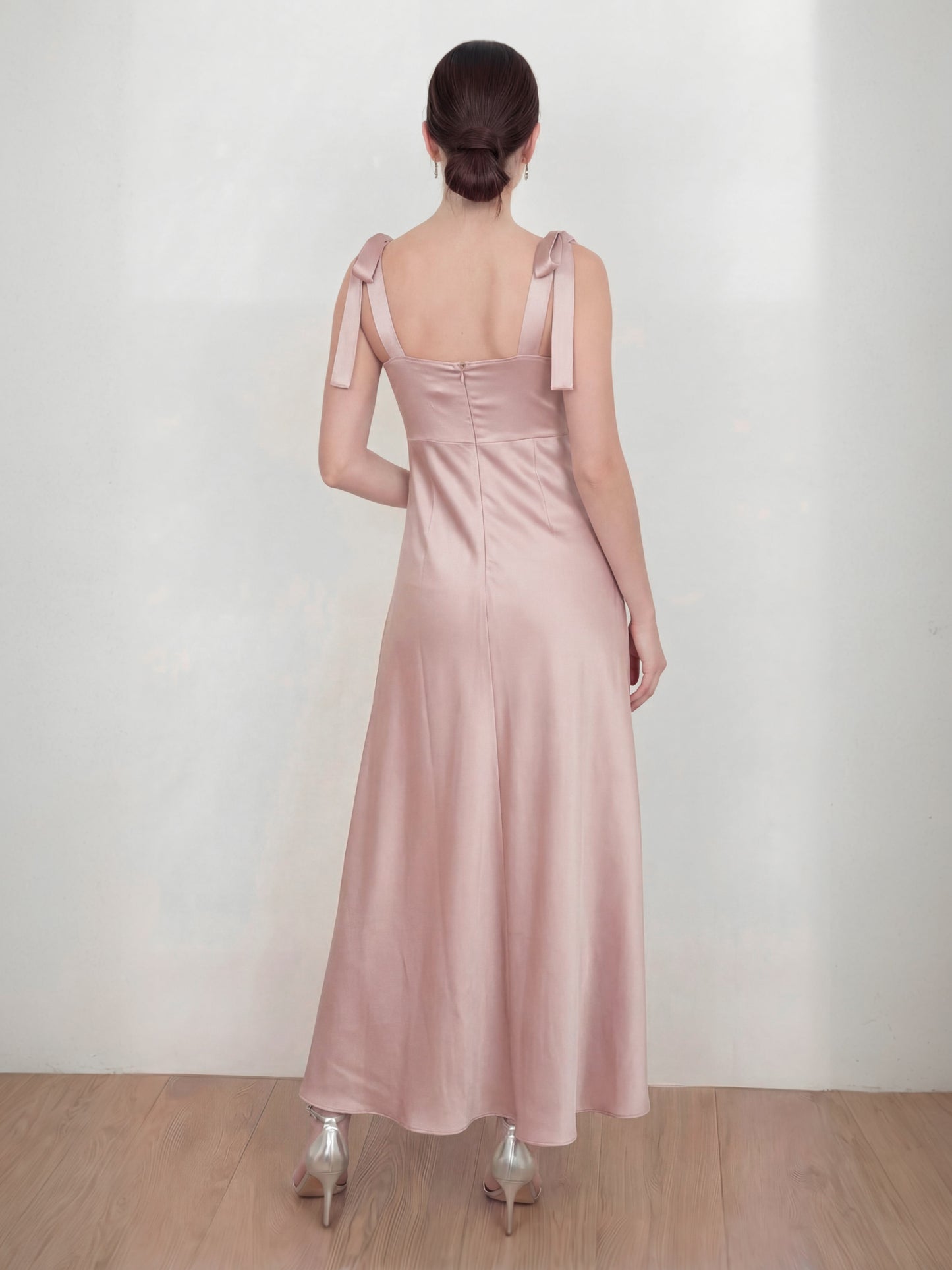 Maya Blush Tie-Shoulder Satin Maxi Dress