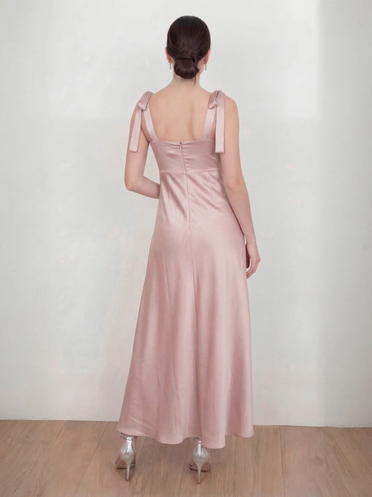 Maya Blush Tie-Shoulder Satin Maxi Dress