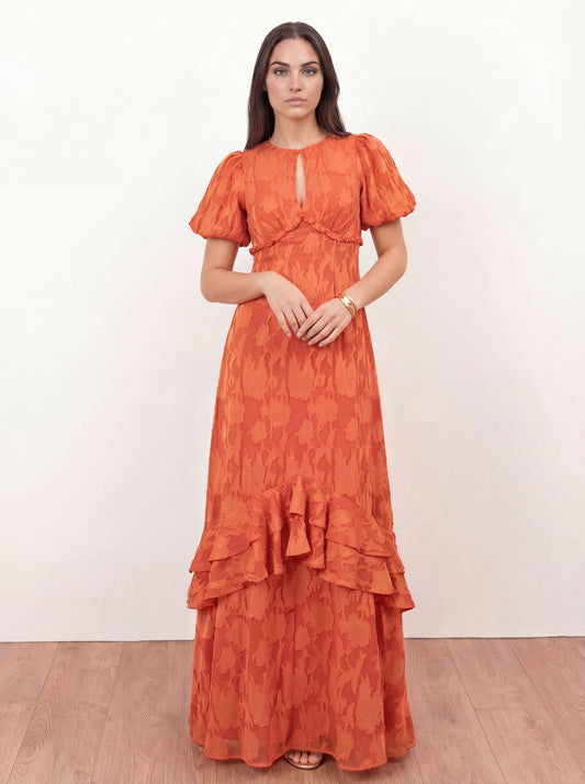 Anaya With Love Recycled Orange Floral Burnout Short Sleeve Maxi Dress