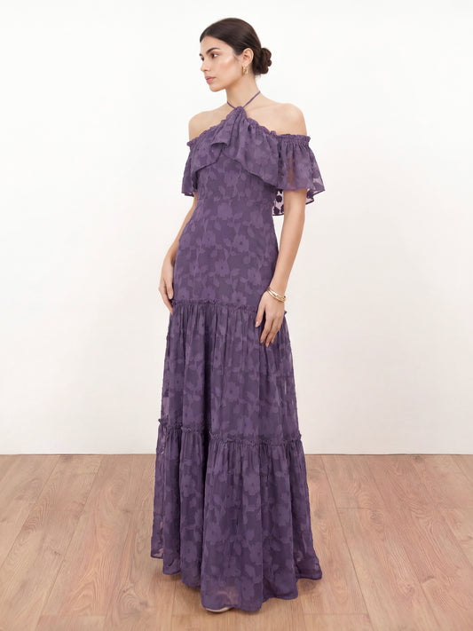 Anaya With Love Recycled Violet Floral Burnout Cold Shoulder Halter Neck Maxi Dress