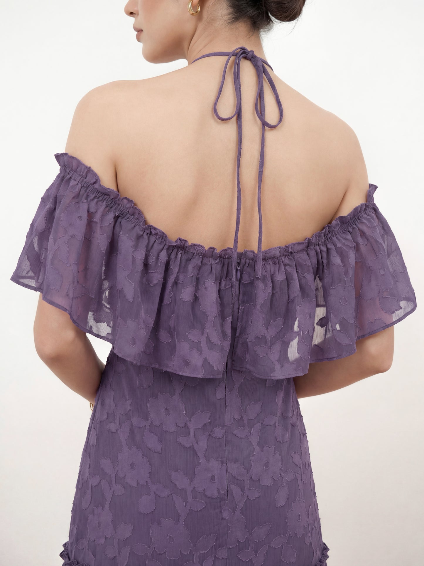 Anaya With Love Recycled Violet Floral Burnout Cold Shoulder Halter Neck Maxi Dress