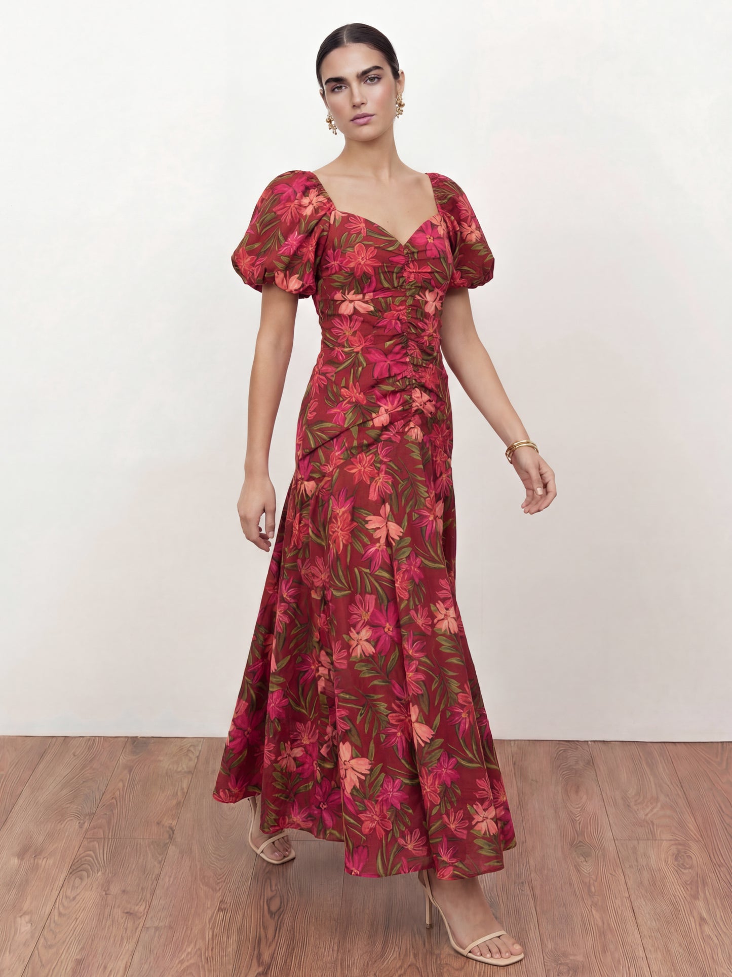 Anaya With Love Recycled Tropical Print Short Sleeve Ruched Midaxi Dress